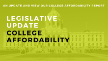 Green filter over a photo of the MN state capitol. Text: Legislative Update: College Affordability. An update and view our college affordability report.