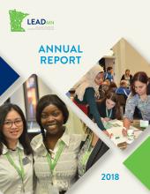 2018 LeadMN Annual Report cover - LeadMN logo in the upper left corner with two pictures of groups of students at conferences.