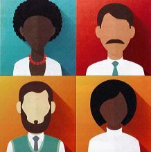 Four clip art people on different colored background.